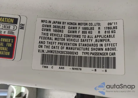 2012 Honda Insight from USA, damaged, VIN JHMZE2H3XCS000243